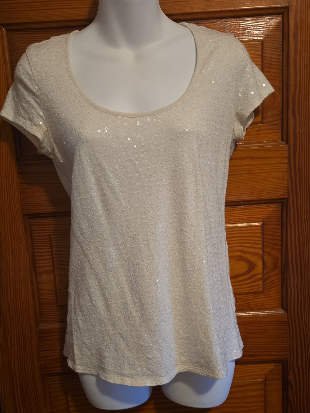 Cream Sequin Short Sleeve Scoop Neck Top XS